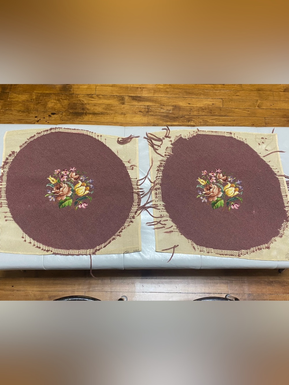 Needlepoint Floral Round Panels on Canvas, Set of 2 Finished Pieces 18” x 18”